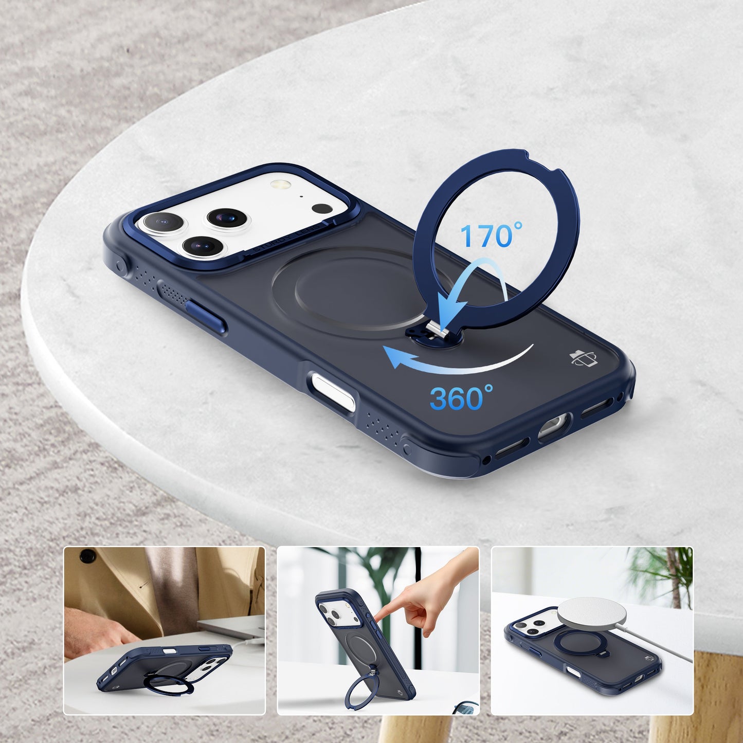 Navy Blue Frosted Bumper with 360° Magnetic Kickstand for iPhone 17 Pro with package