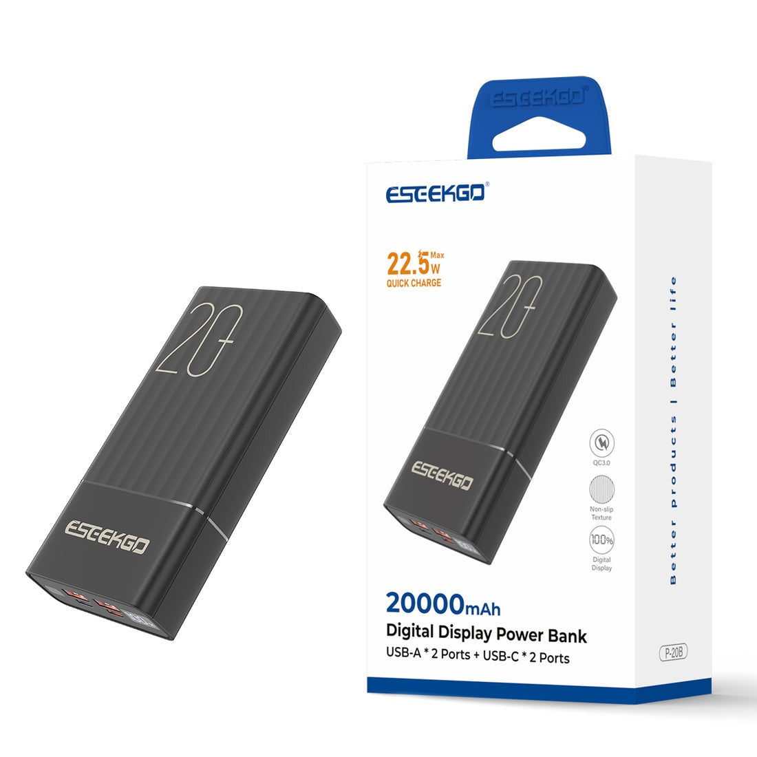 ESEEKGO P-20B 20000mAh Digital Display Power Bank USB-C To C Charging Cable