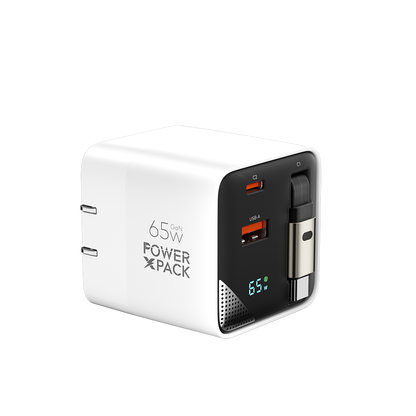 Power X Pack 65W GaN Dual Type-C & USB-A Fast Charger with Built-In Type-C Cable and Wattage Screen