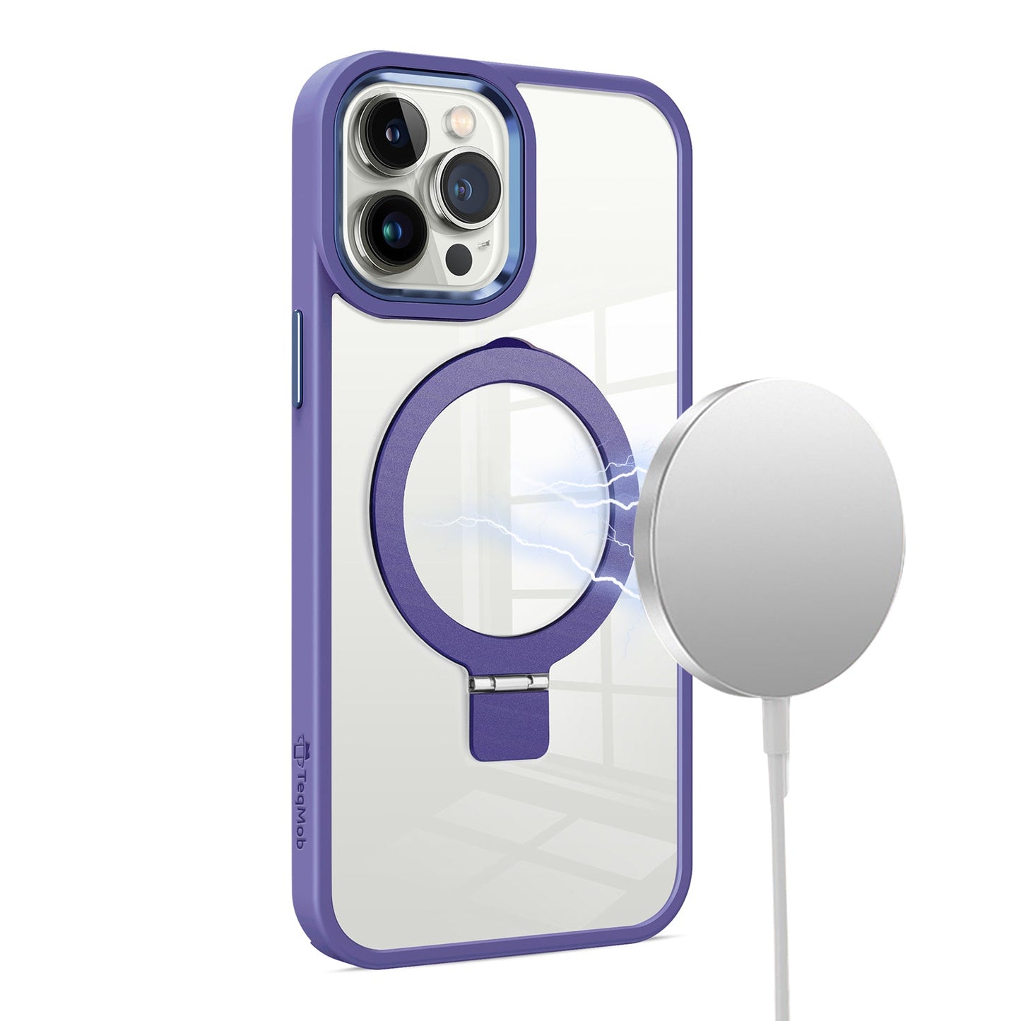 Clear Purple Frame Kickstand with Magnetic Compatibility for iPhone 15 6.1 / 14 6.1 / 13 6.1 with package