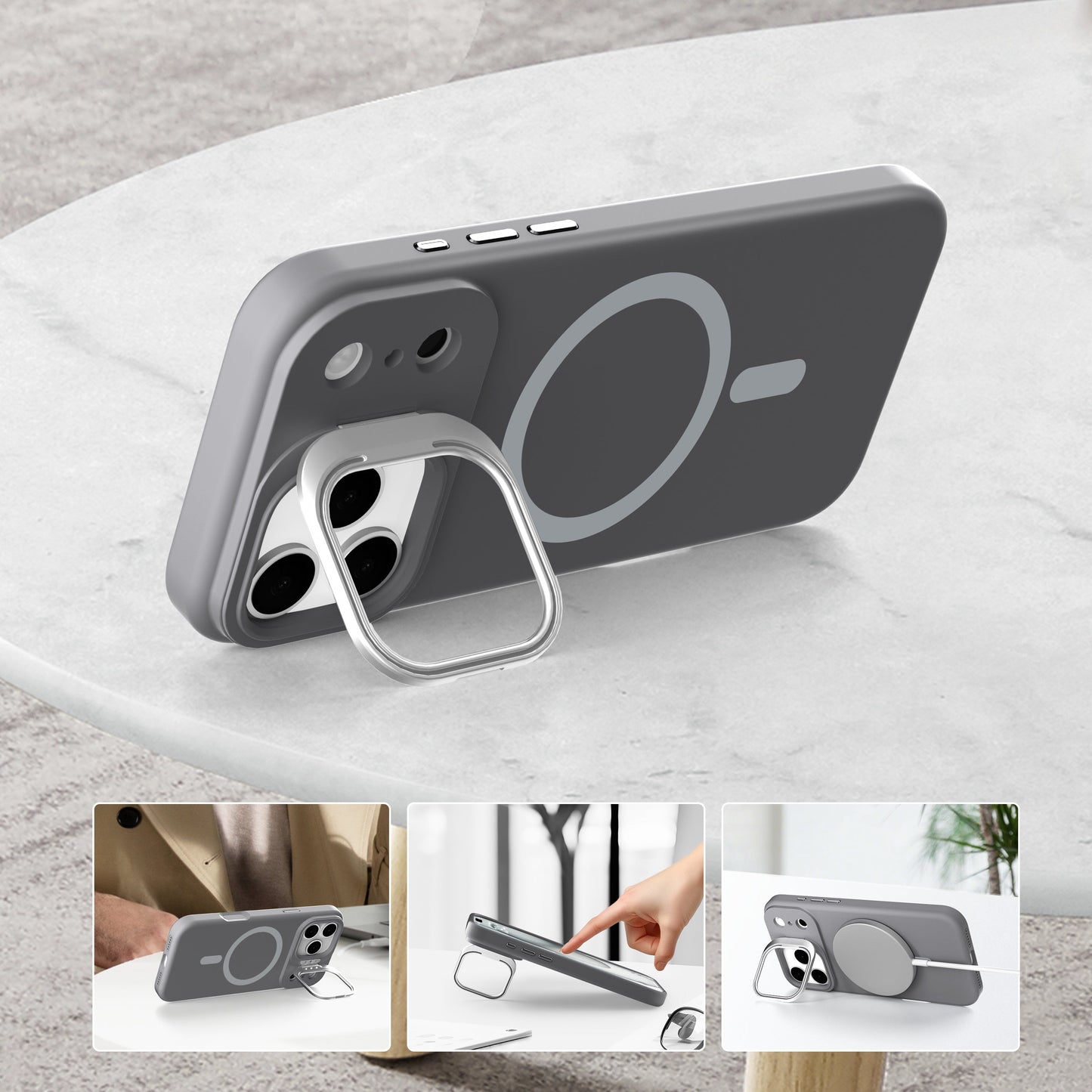 Gray Silicone Camera Kickstand with Magnetic Compatibility for iPhone 17 6.1 with package