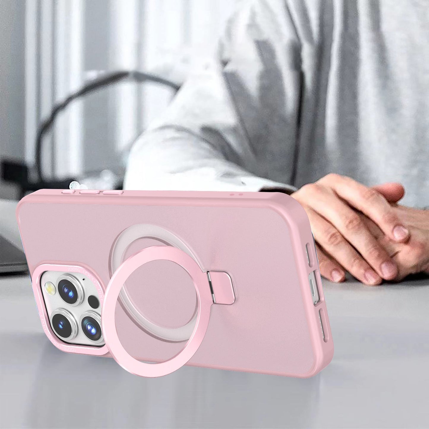 Pink Frosted Kickstand with Magnetic Compatibility in Package for iPhone 16 Plus