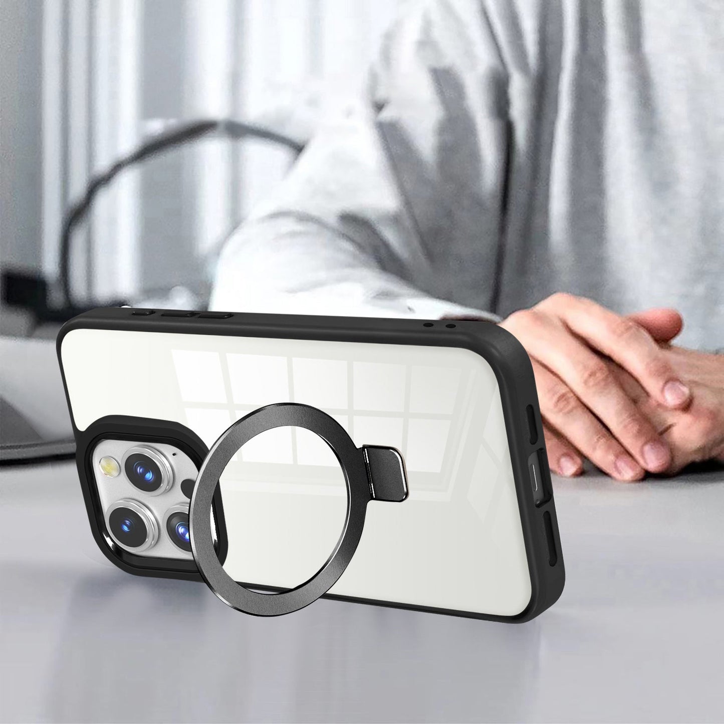 Clear Black Frame Kickstand with Magnetic Compatibility for iPhone 16 Plus