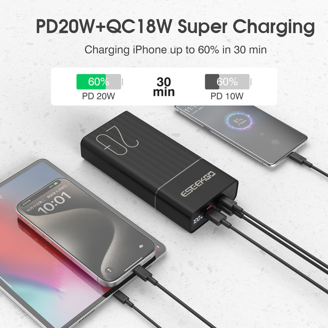 ESEEKGO P-10B 10000mAh Digital Display Power Bank USB-C To C Charging Cable