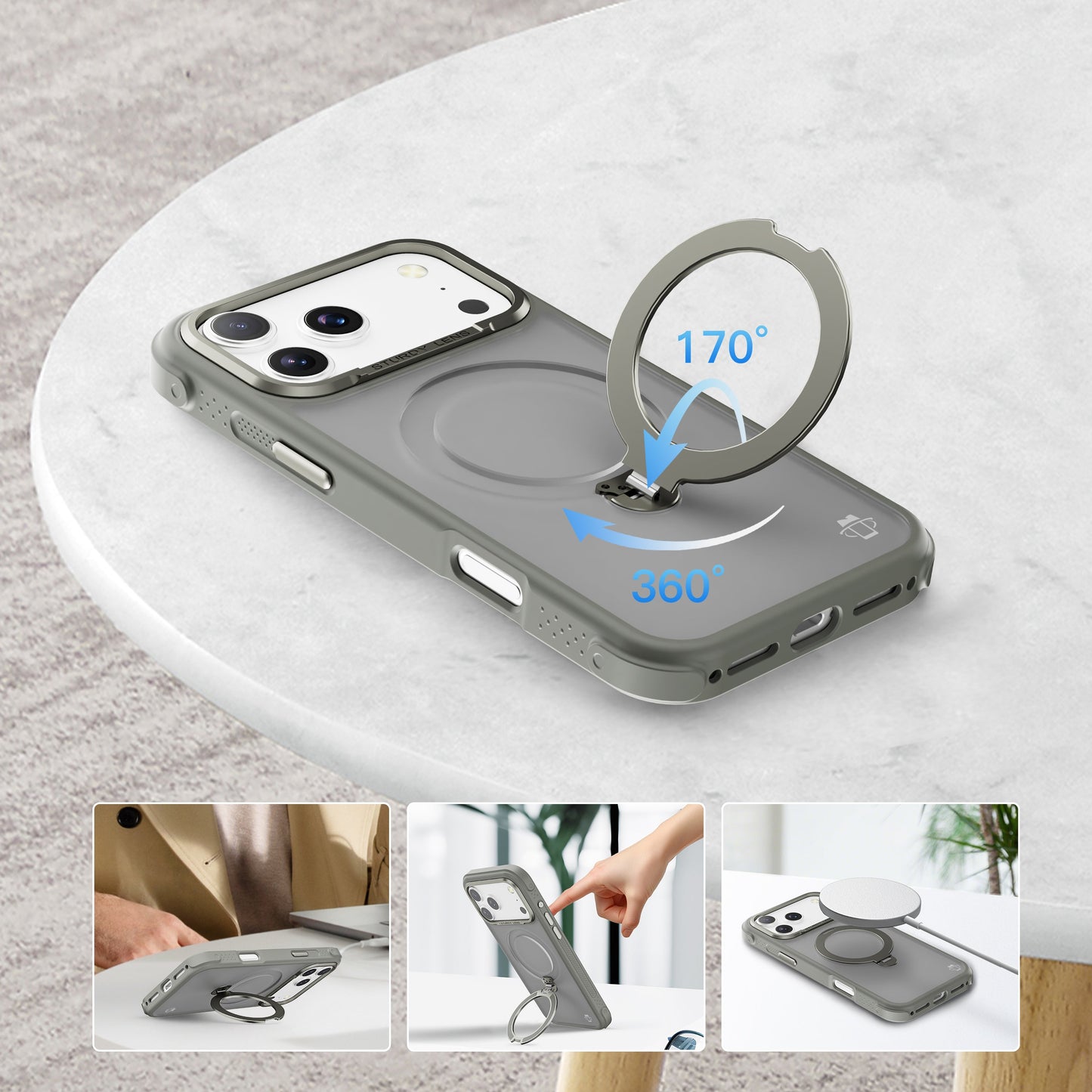 Grey Frosted Bumper with 360° Magnetic Kickstand for iPhone 17 Pro Max with package