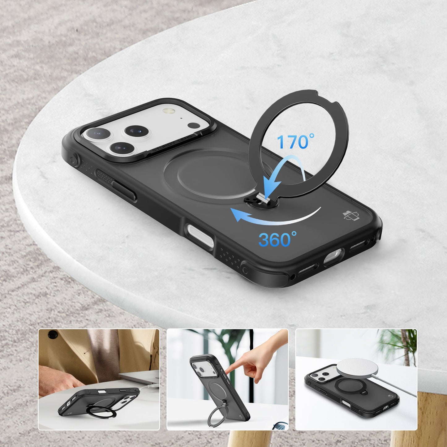 Black Frosted Bumper with 360° Magnetic Kickstand for iPhone 17 Pro with package