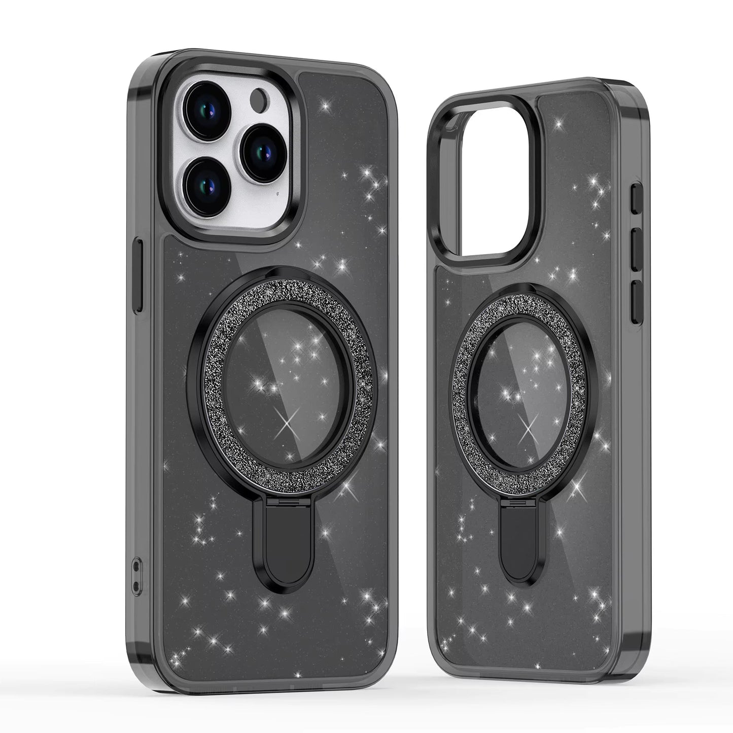 Black Magnetic Transparent Glitter Kickstand Case for iPhone 16 Pro Max