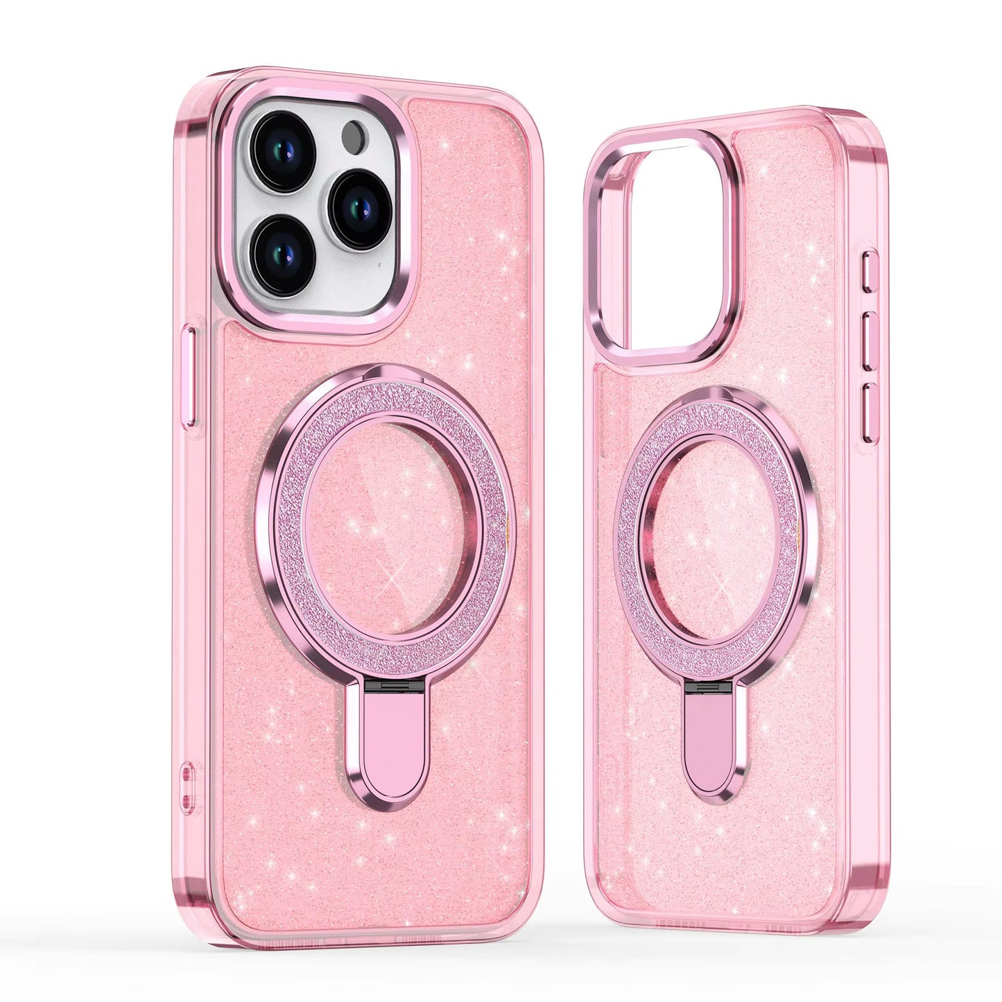 Pink Magnetic Transparent Glitter Kickstand Case for iPhone 12 Pro / 12 6.1