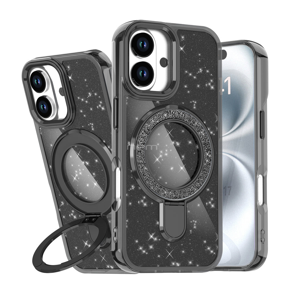 Black Magnetic Transparent Glitter Kickstand Case for iPhone 17 6.1