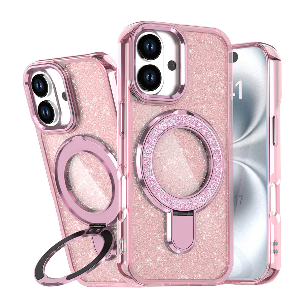 Pink Magnetic Transparent Glitter Kickstand Case for iPhone 17 6.1