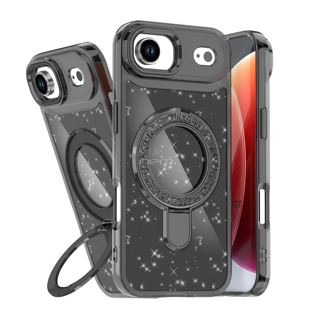 Black Magnetic Transparent Glitter Kickstand Case for iPhone 17 Air