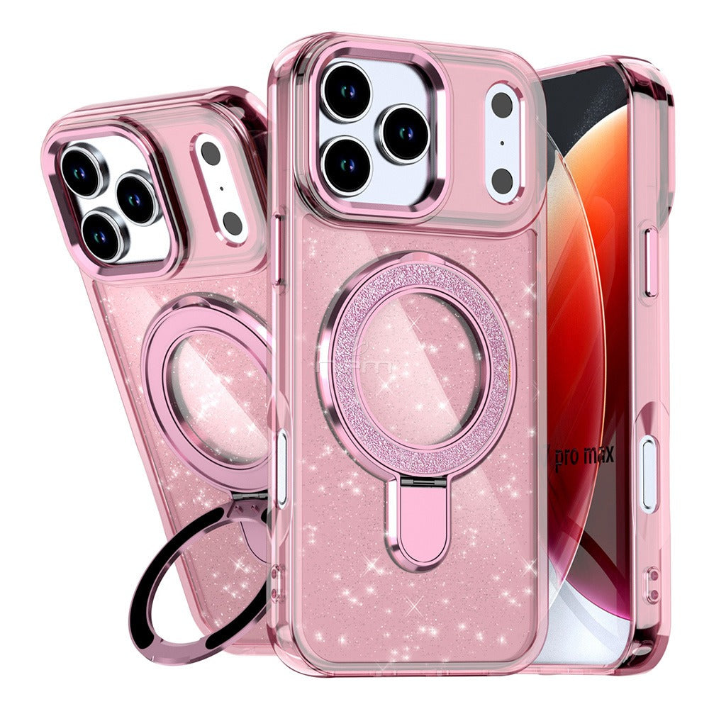 Pink Magnetic Transparent Glitter Kickstand Case for iPhone 17 Pro Max