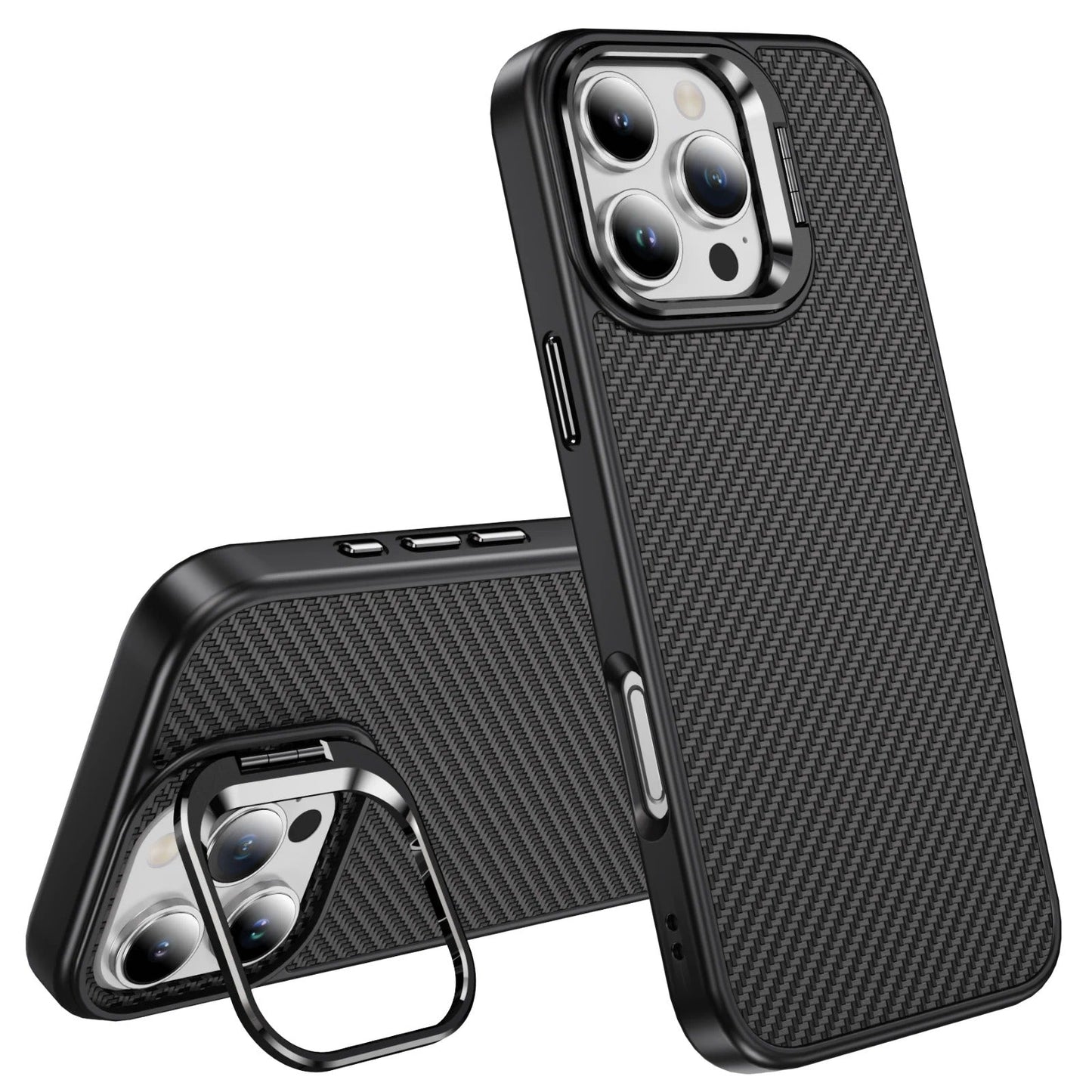 Black Magnetic Camera Kickstand Carbon Fiber Case for iPhone 15 Pro Max