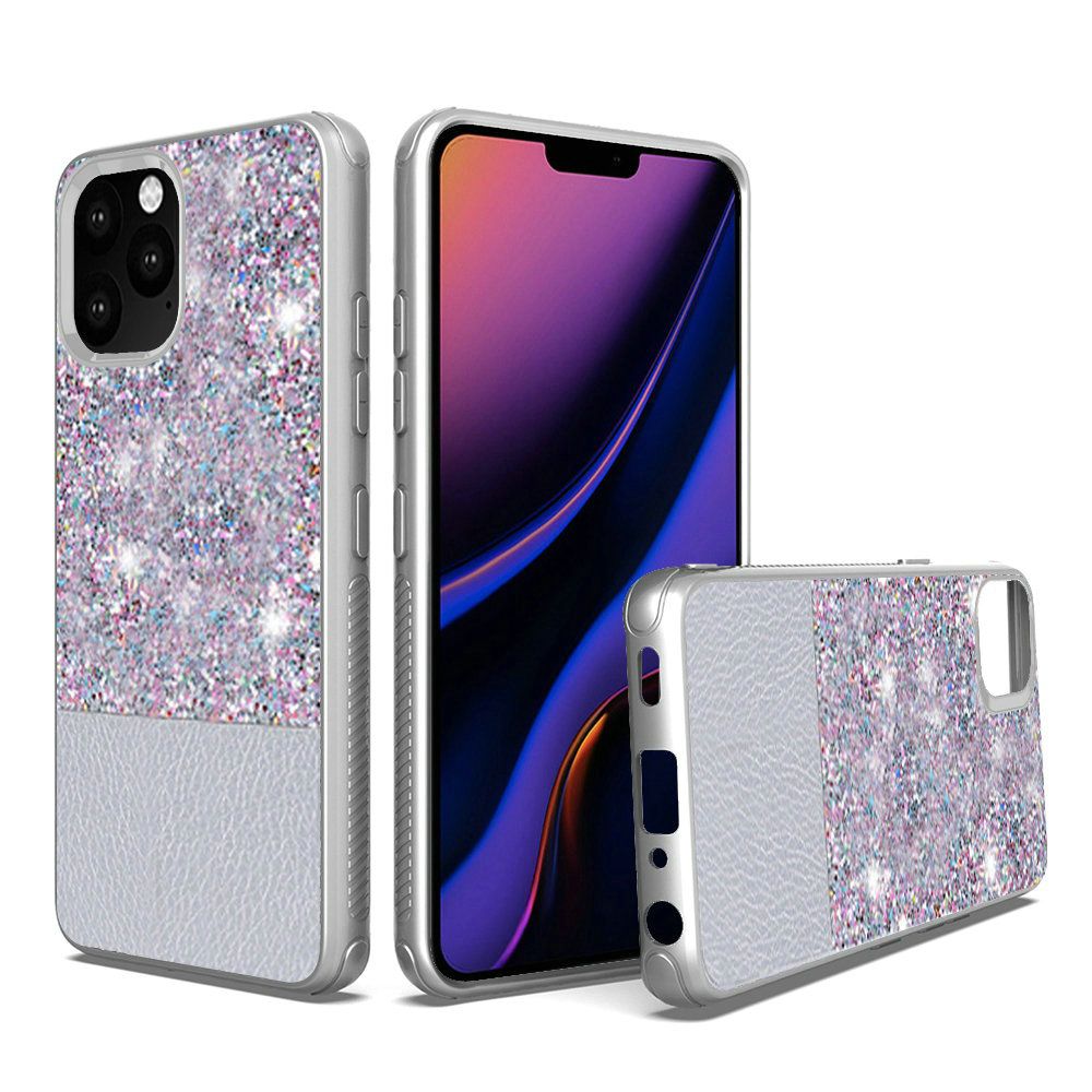 Silver iPhone 11 PRO PU Leather Glitter Hybrid with Chrome TPU