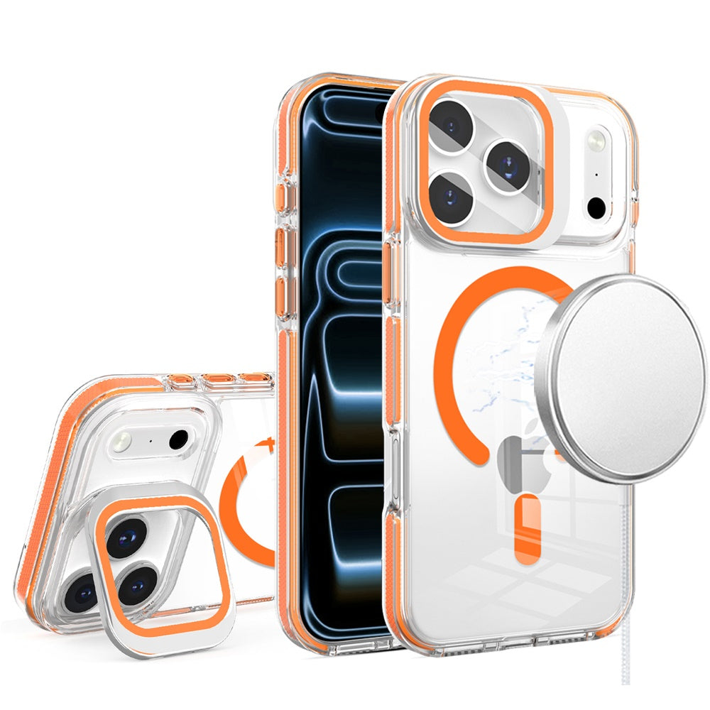 For iPhone 17 Pro Camera Metallic Stand [Magnetic Circle] Transparent Colorful Matching Edged Tough Hybrid Case - Cosmic Orange