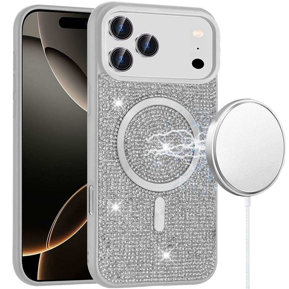 Silver Magnetic Diamond Case For iPhone 17 Pro