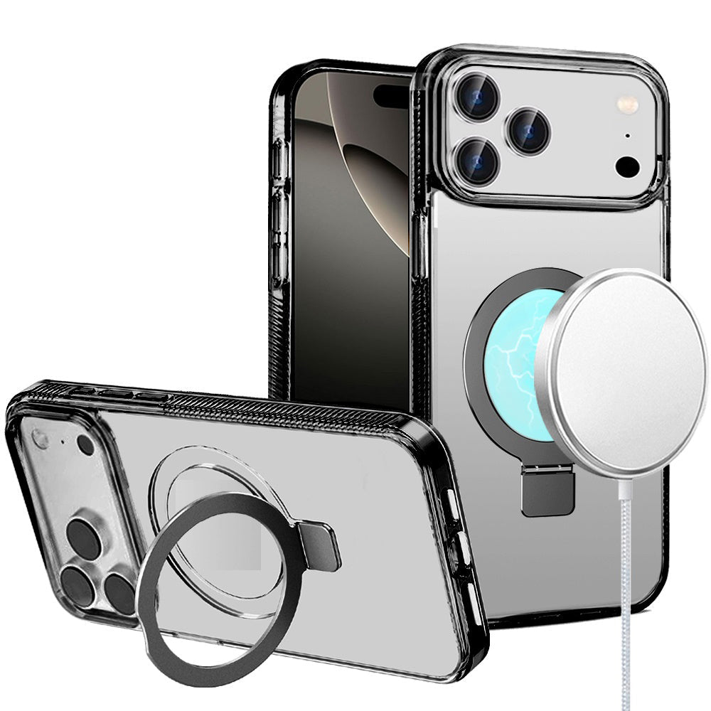 For iPhone 17 Pro Dotted Edged Line Transparent HQ Magnetic Ring Stand Hybrid - Black