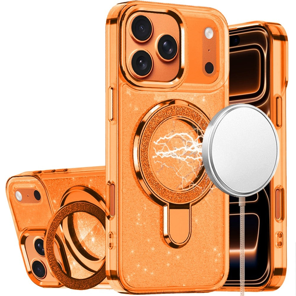 Orange Magnetic Transparent Glitter Kickstand For iPhone 17 Pro Max