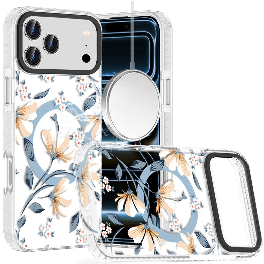 White and Blue Floral Magnetic Design For iPhone 17 Pro Max