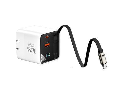Power X Pack 65W GaN Dual Type-C & USB-A Fast Charger with Built-In Type-C Cable and Wattage Screen