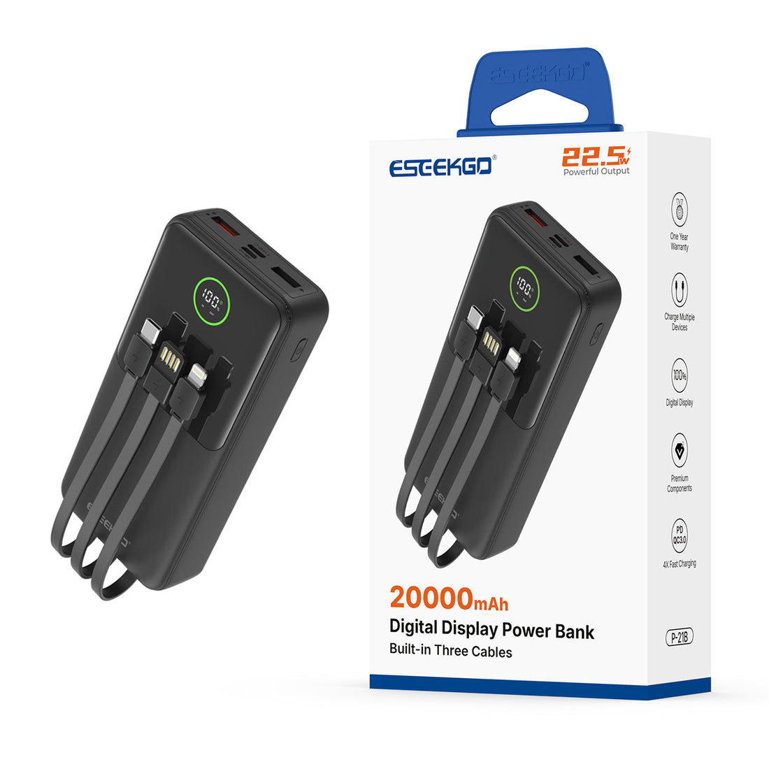 ESEEKGO P-21B 22.5W 20000mAh Power Bank With Built-in 3 Cables