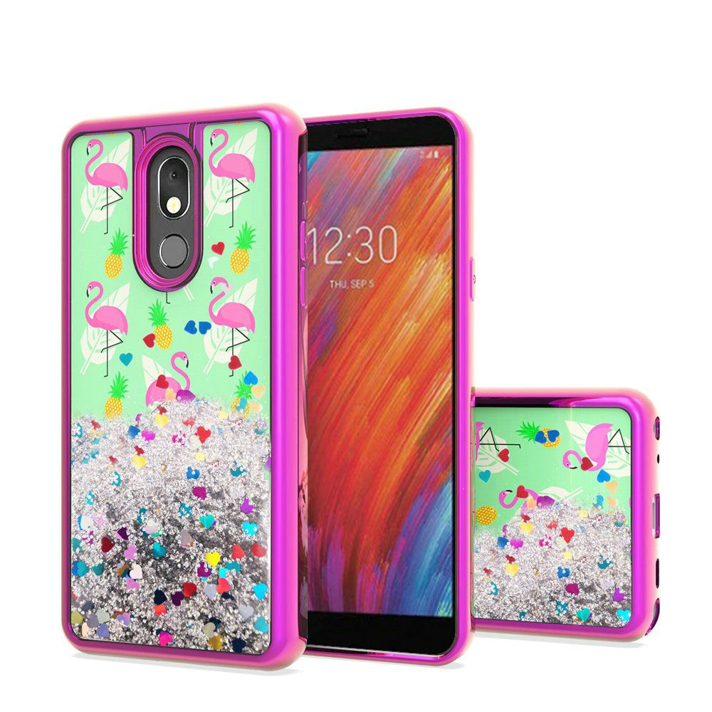 LG Aristo 4 Plus, Escape Plus, Tribute Royal Design Water Quicksand Glitter Chrome TPU - Flamingo Pineapple Feather