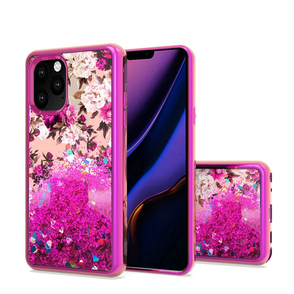 Rose Pink White Flower iPhone 11 PRO Design Water Quicksand Glitter Chrome TPU