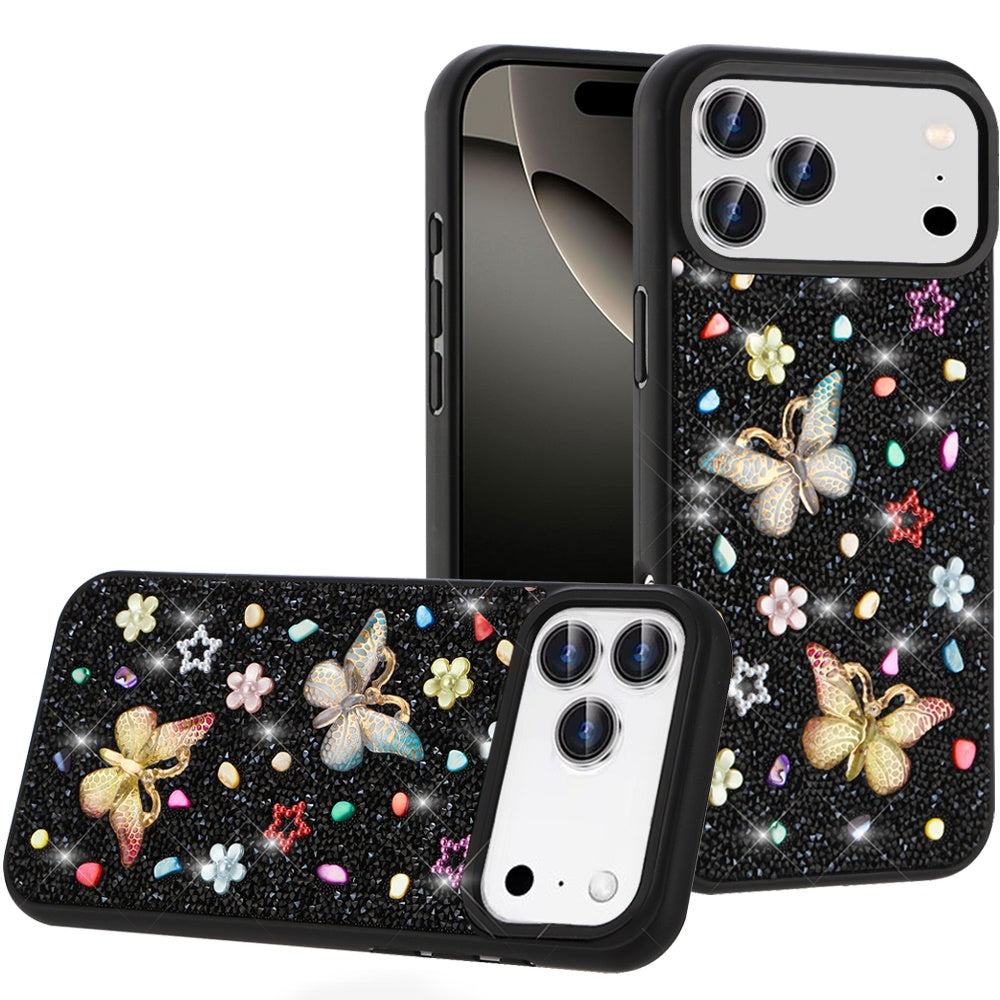 For iPhone 17 Pro Max Butterfly Ornaments Diamond Bling Glitter Hybrid Case - Black
