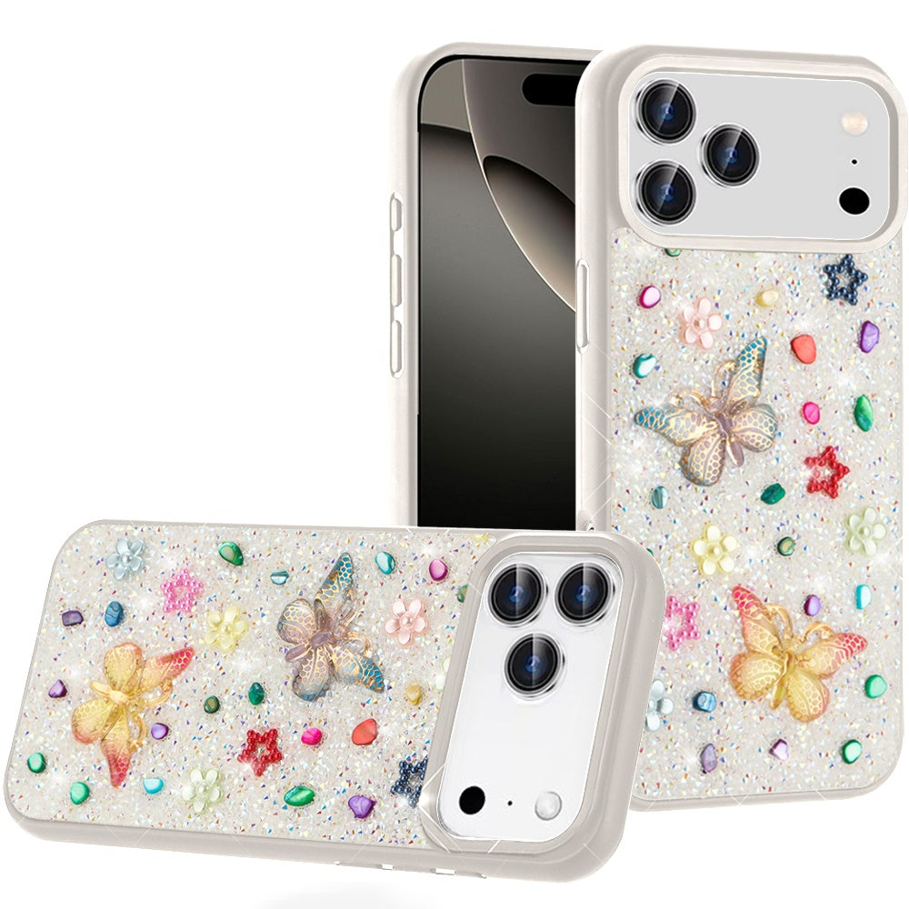For iPhone 17 Pro Butterfly Ornaments Diamond Bling Glitter Hybrid Case - White