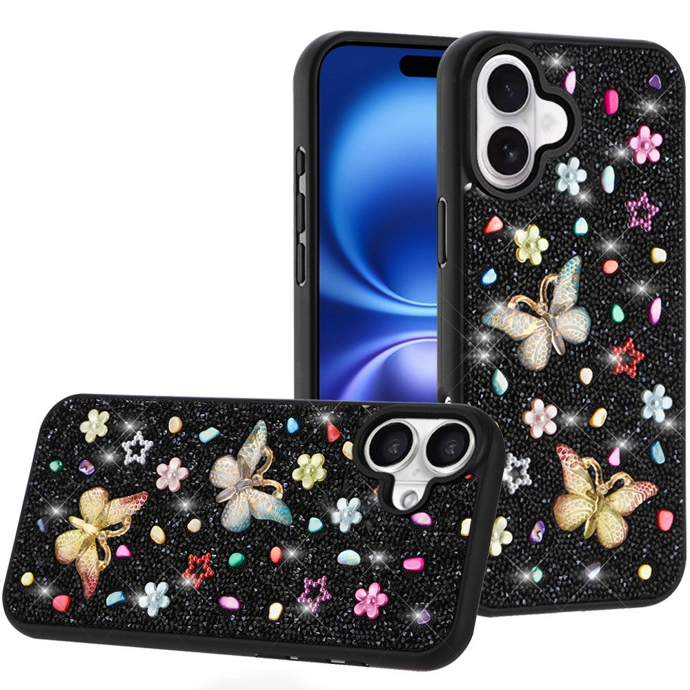 For iPhone 17 Butterfly Ornaments Diamond Bling Glitter Hybrid Case - Black