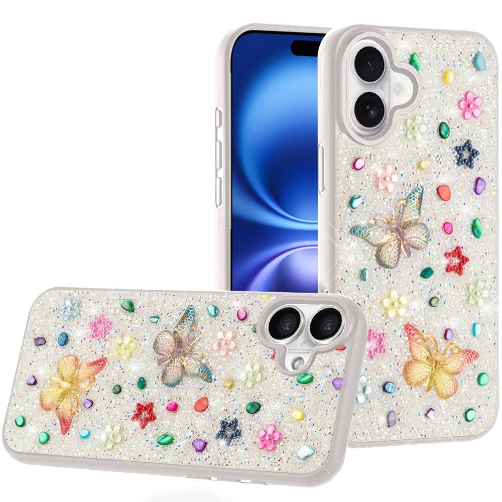 For iPhone 17 Butterfly Ornaments Diamond Bling Glitter Hybrid Case - White