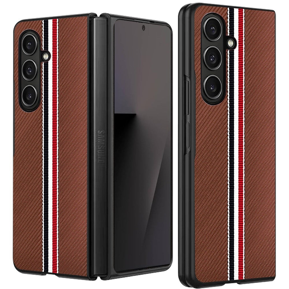 For Samsung Z Fold 7 Velvet Fabric Flip Phone Premium PU Vegan Leather Cover Case - Brown