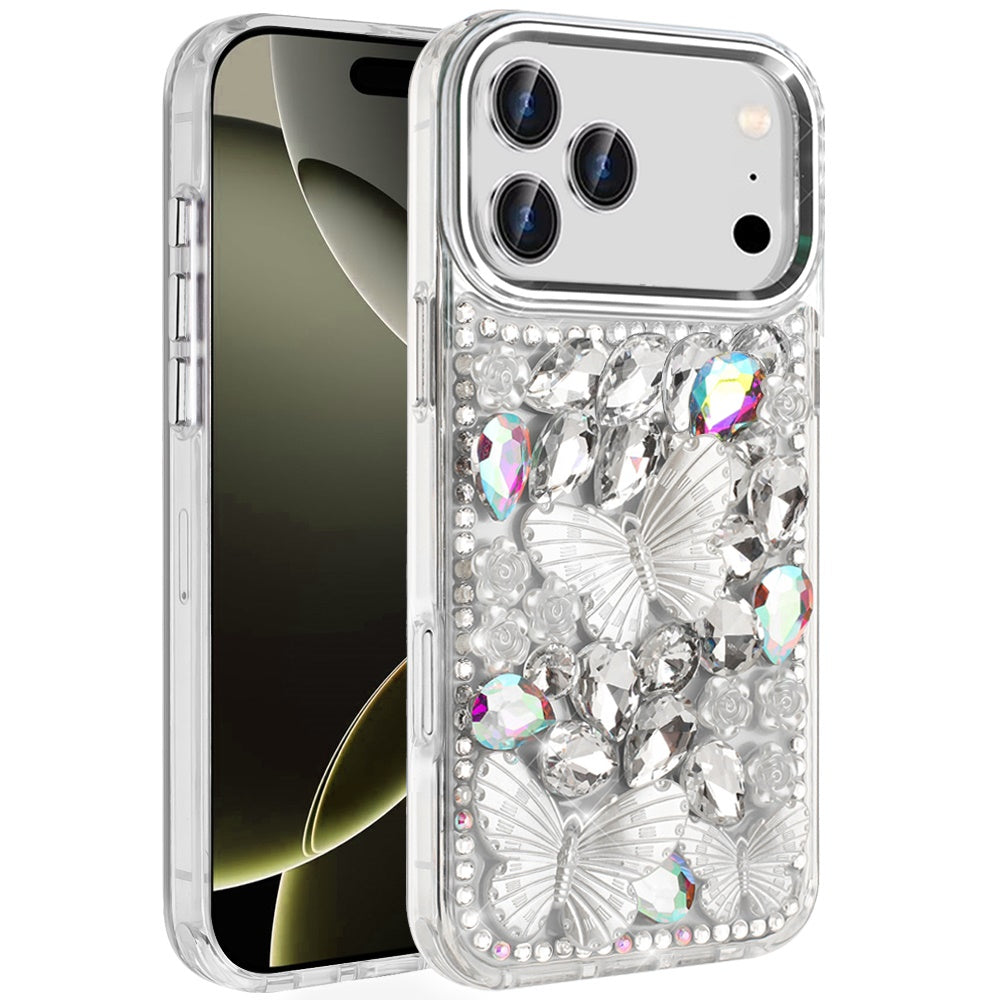 For iPhone 17 Pro Max Lavished Floral Butterfly Bling Stones Hybrid Case - Silver