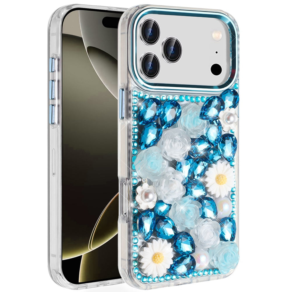 For iPhone 17 Pro Spectacular Full Bling Stones Glitter HQ Hybrid Floral Series - Blue