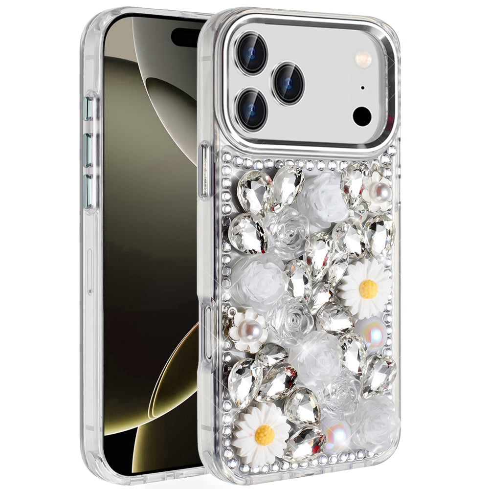 For iPhone 17 Pro Spectacular Full Bling Stones Glitter HQ Hybrid Floral Series - White