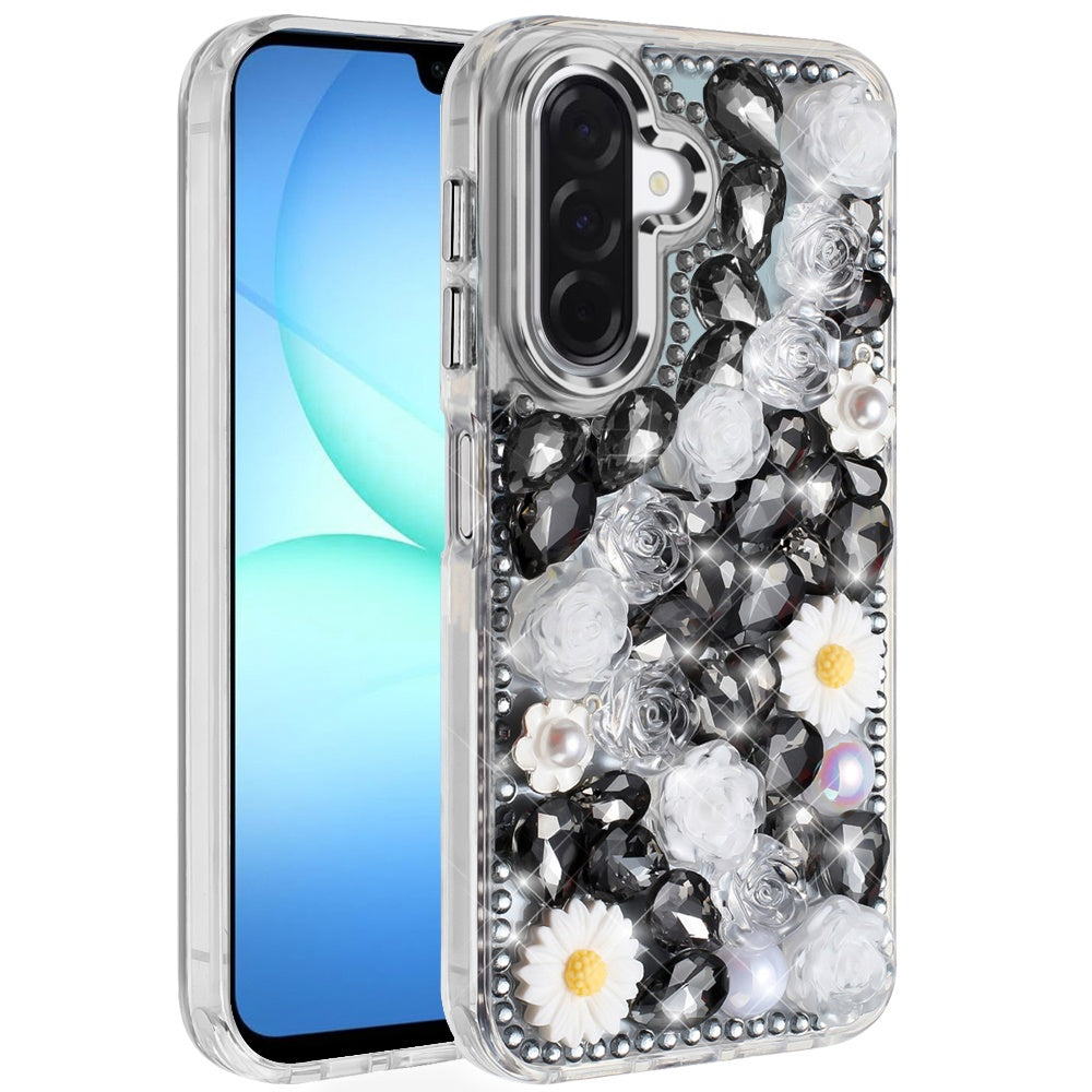 For Samsung A17 5G Spectacular Full Bling Stones Glitter HQ Hybrid Floral Series - Black
