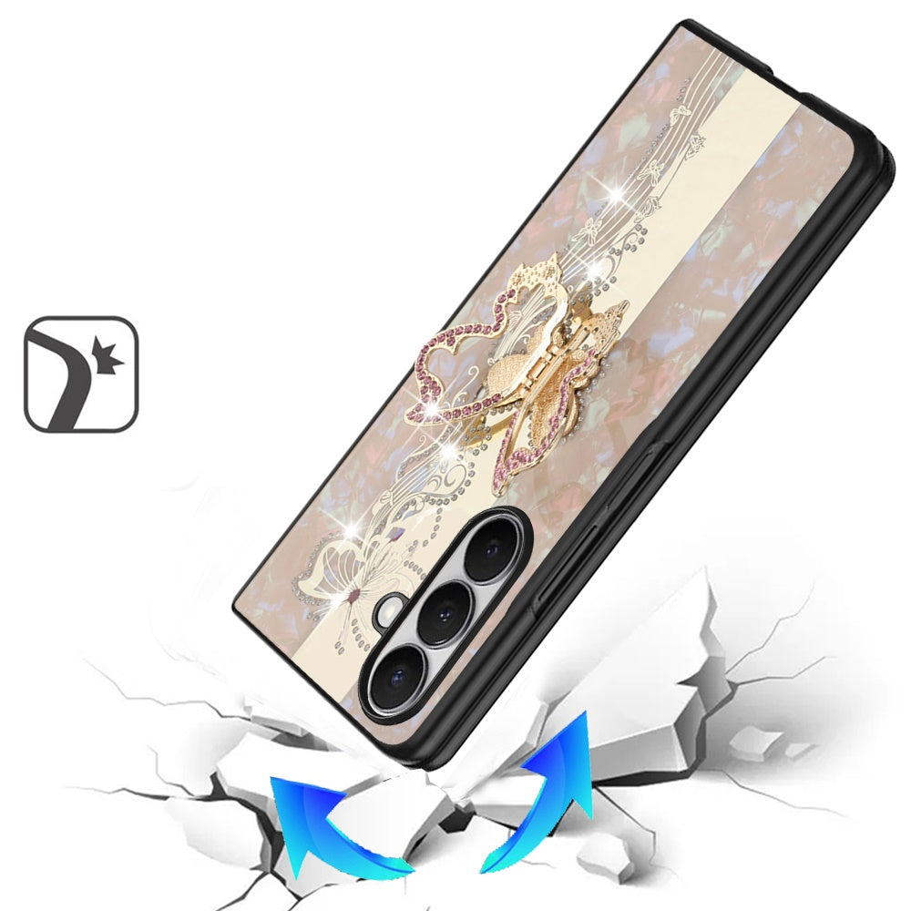 For Samsung Z Fold 7 SPLENDID Diamond Glitter Ornaments Engraving Case Cover - Enchanted Butterfly Gold