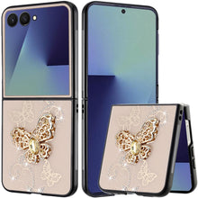 For Samsung Z Flip 7 SPLENDID Diamond Glitter Ornaments Engraving Case Cover - Garden Butterflies Gold