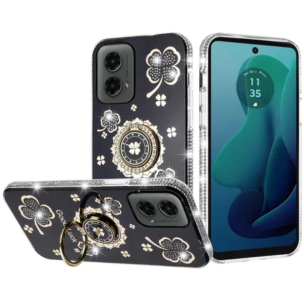 Black Good Luck Diamond Case with Ring For Motorola Moto G 5G 2024