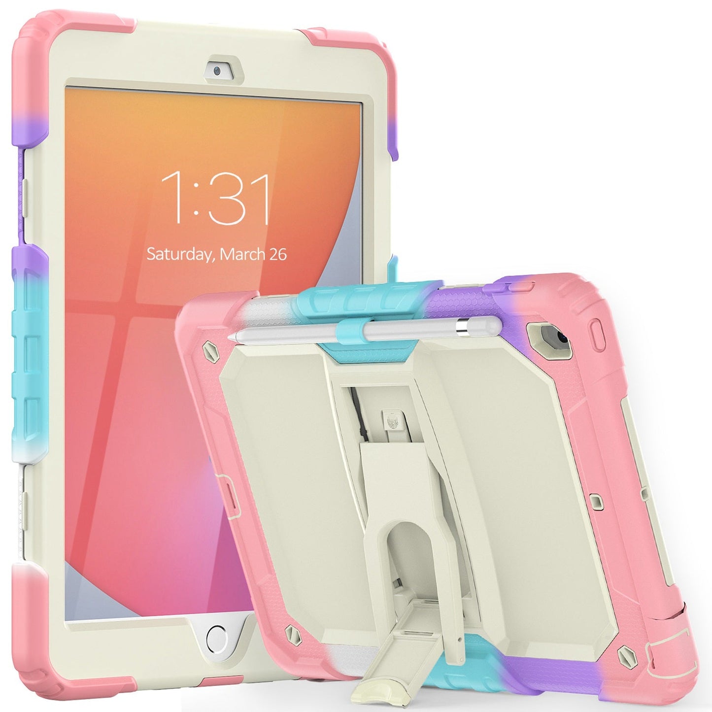 For Samsung A11 Plus 5G / A9 Plus 11 inch Heavy Duty Full Body Rugged Tablet Kickstand Case Cover - Beige/Camo Pink