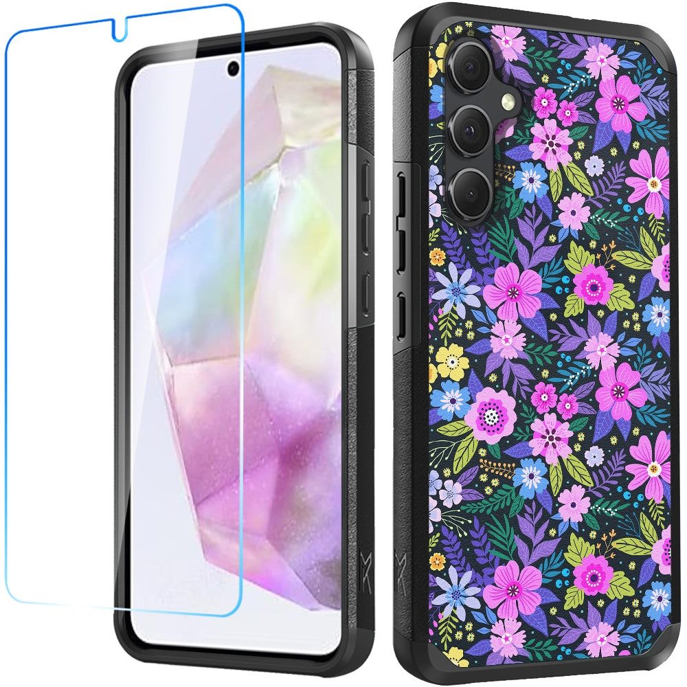 Hybrid Black Floral Case + Tempered Glass For Samsung Galaxy A36 / A56