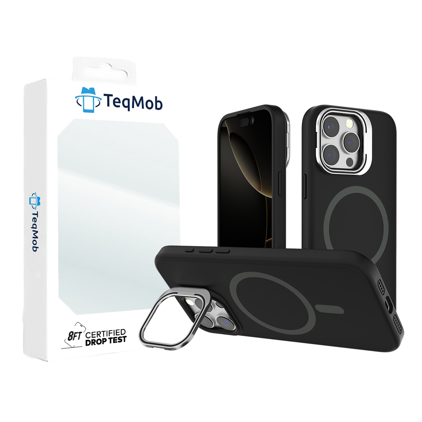 Black Silicone Camera Kickstand with Magnetic Compatibility for iPhone 15 Pro with package