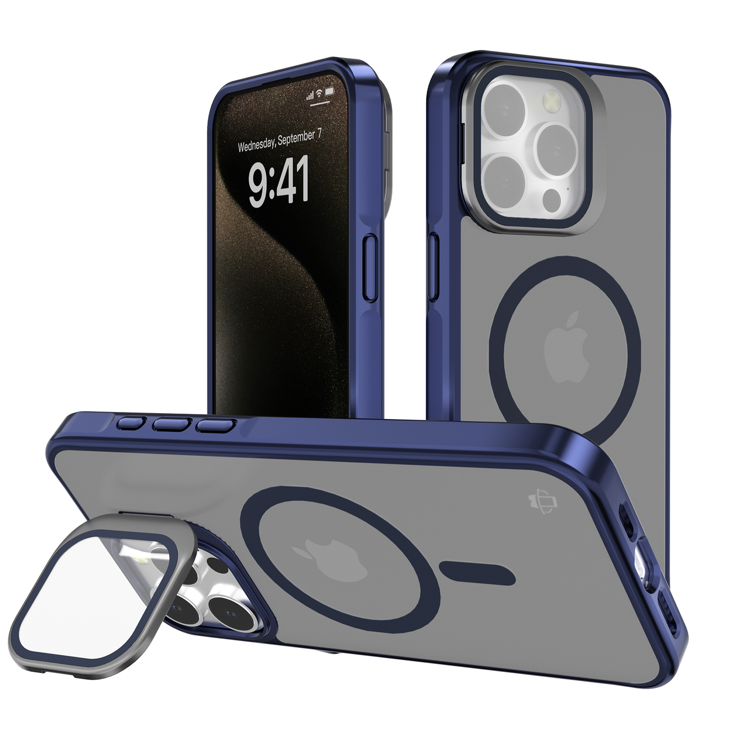 Blue Smoked Camera Kickstand Case with Built-In Glass Camera protector and Magnetic Compatibility for iPhone 15 Plus / 14 Plus