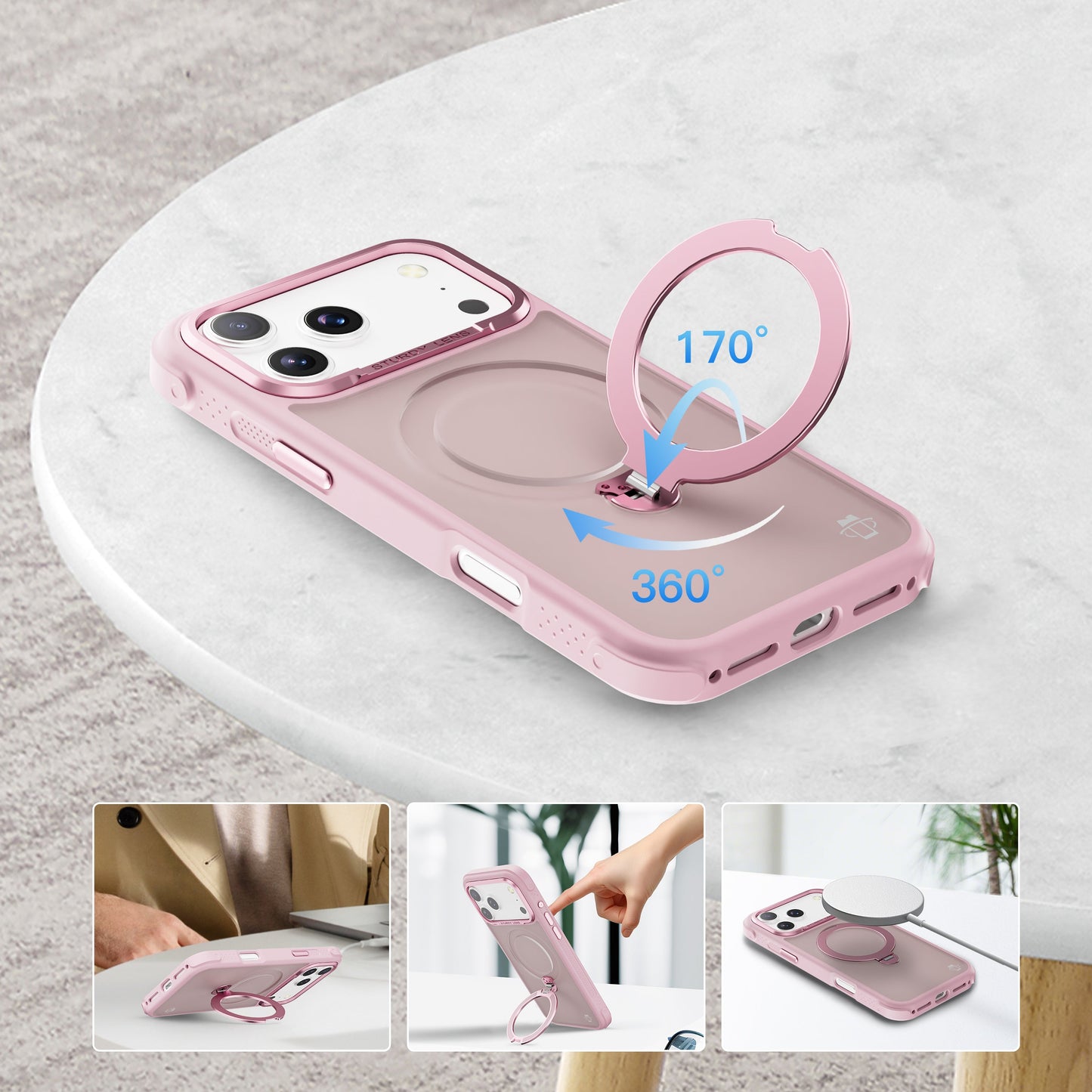 Pink Frosted Bumper with 360° Magnetic Kickstand for iPhone 17 Pro with package