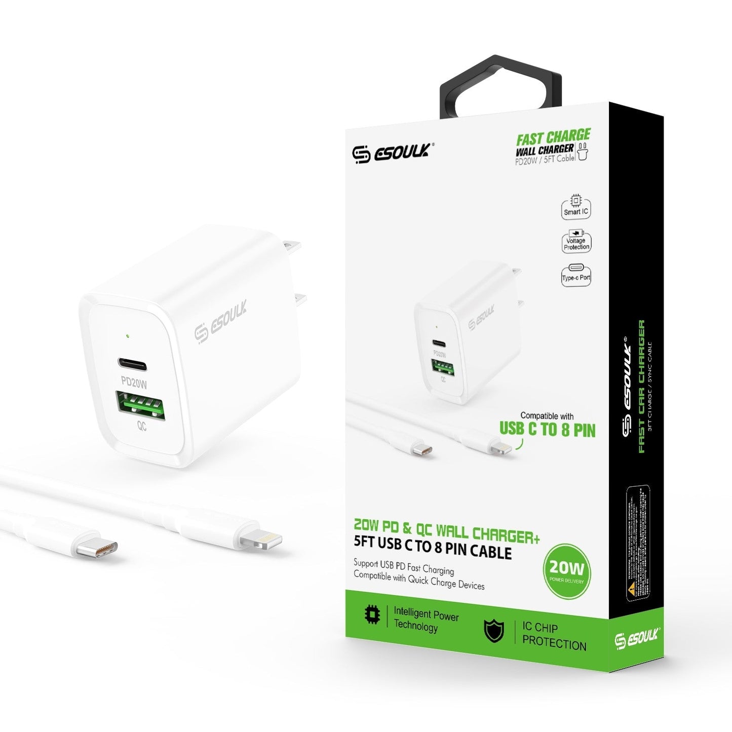 20W PD+QC FAST WALL CHARGER & 5FT USB C TO 8PIN CABLE