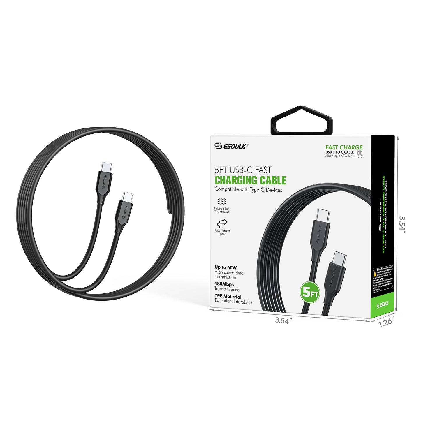 Black 5Ft 60W USB-C Fast Charging Cable