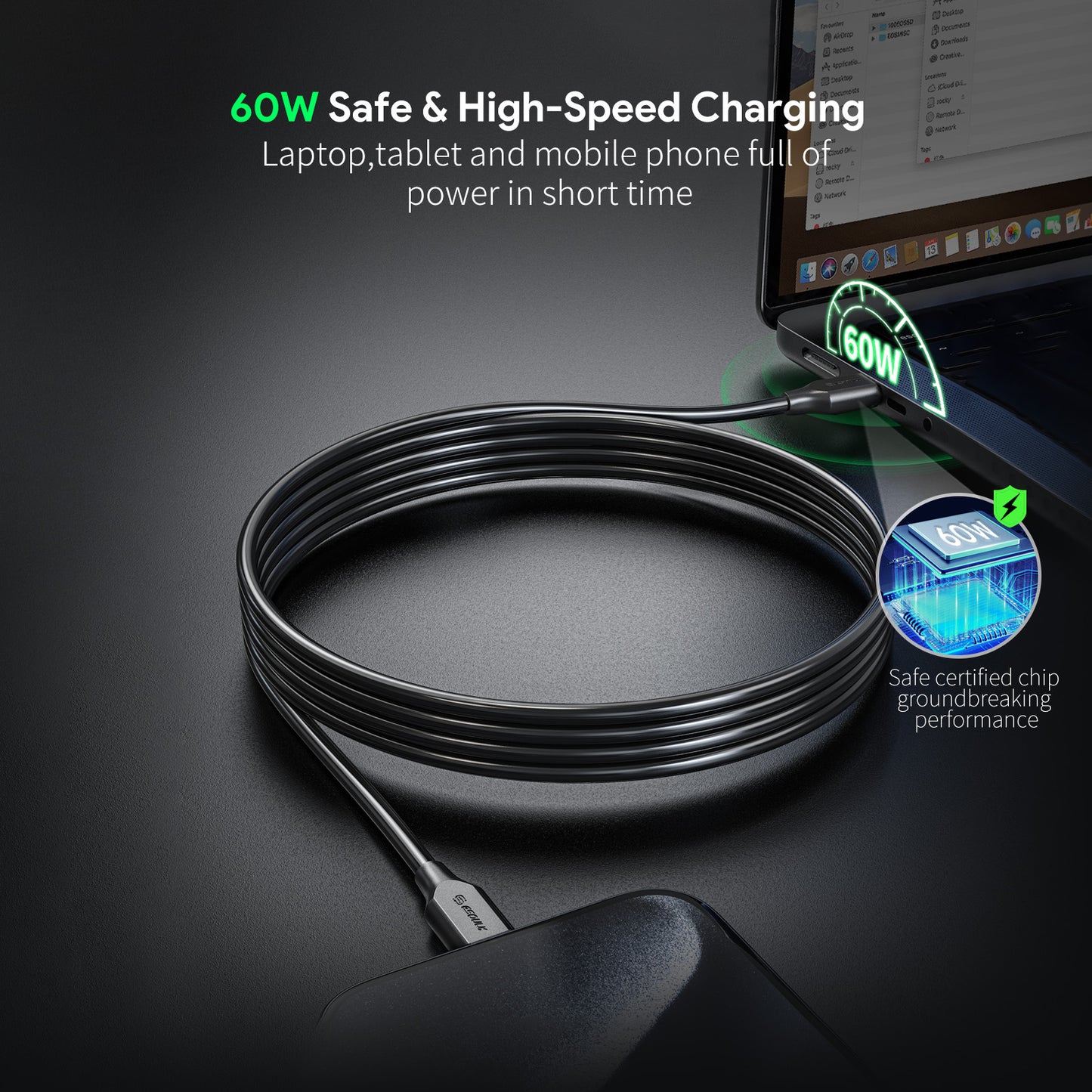 Black 5Ft 60W USB-C Fast Charging Cable