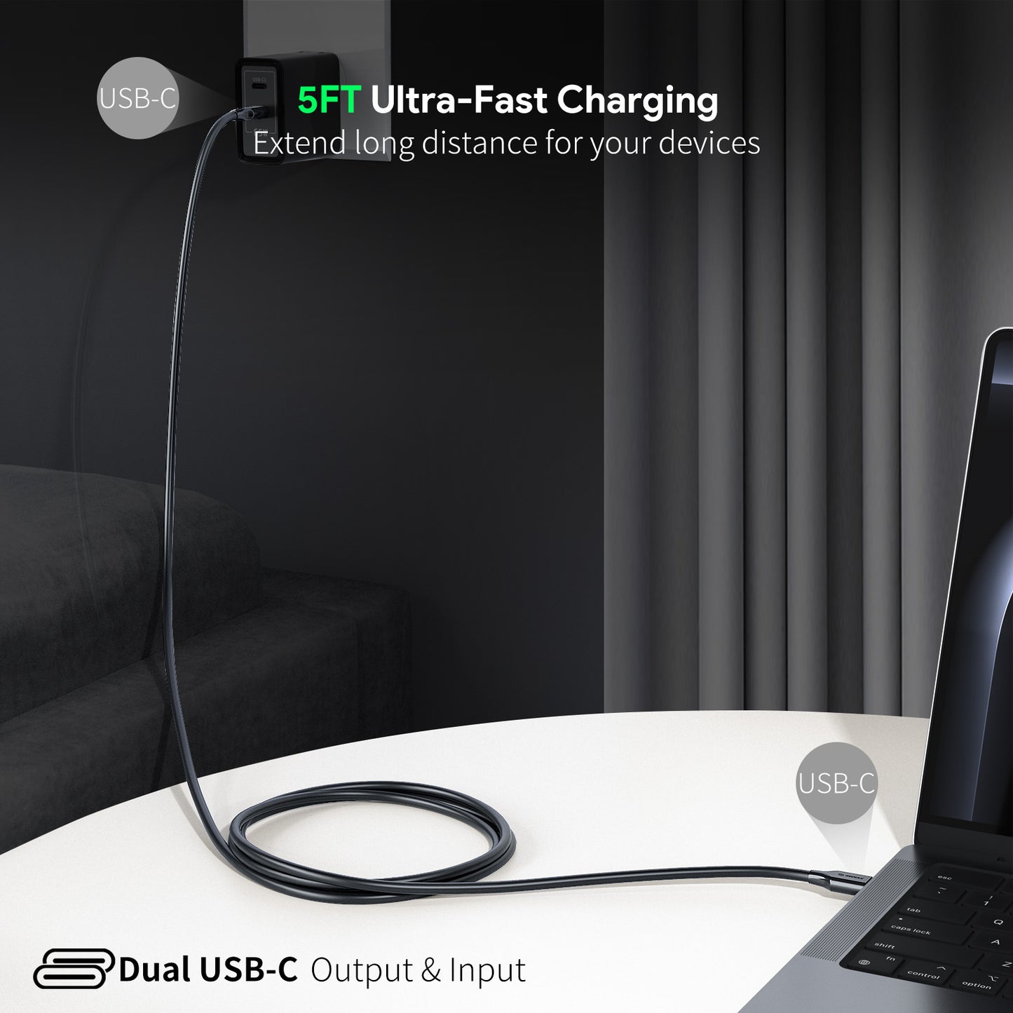 Black 5Ft 60W USB-C Fast Charging Cable