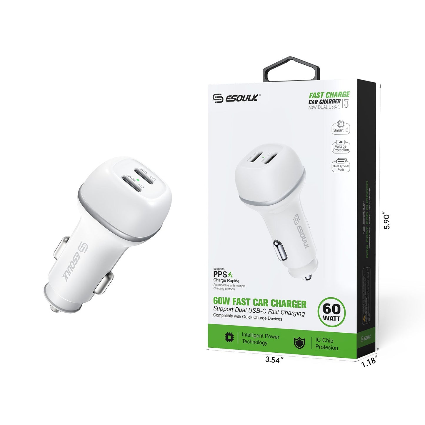 60W PD DUAL USB-C CAR Charging Plug