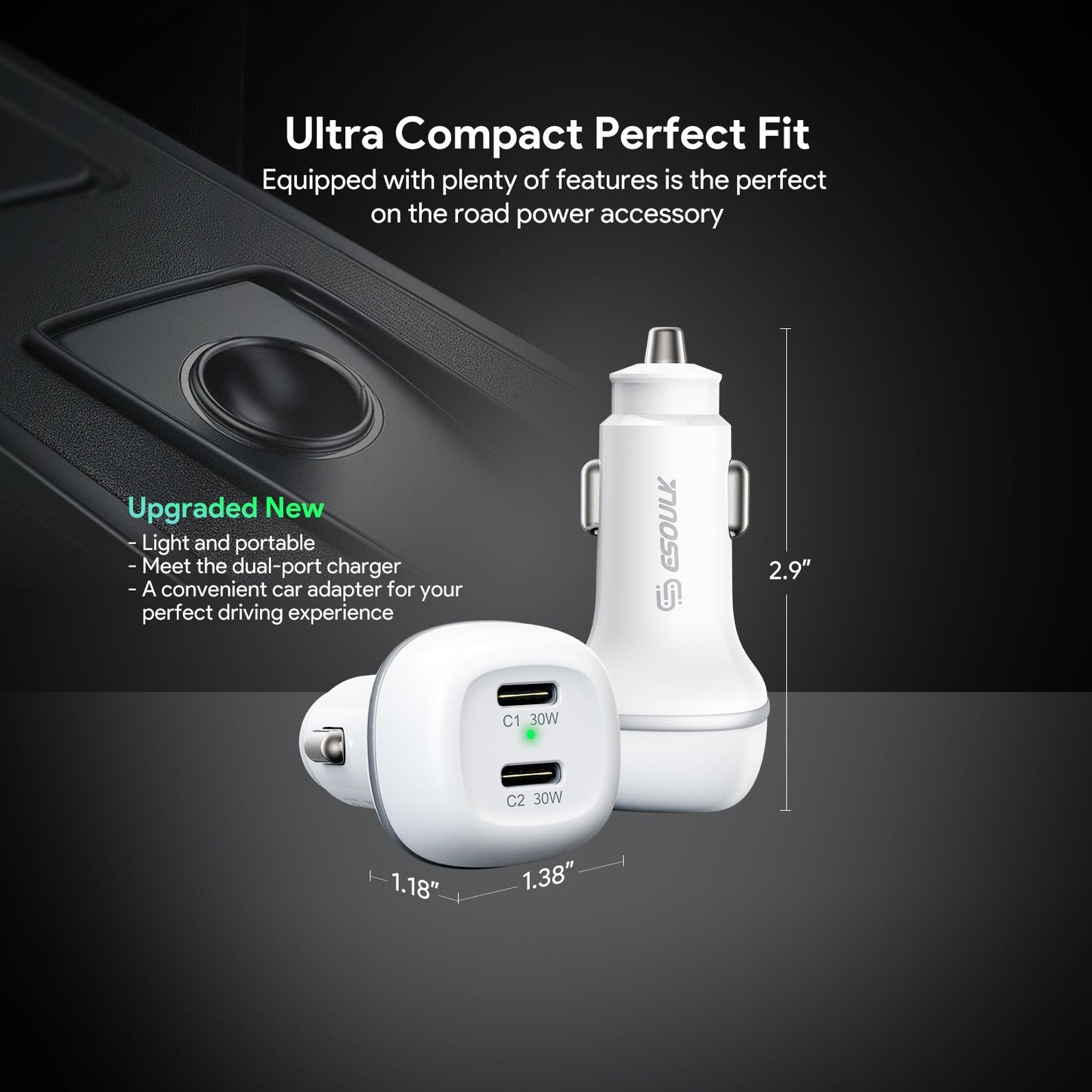 60W PD DUAL USB-C CAR Charging Plug